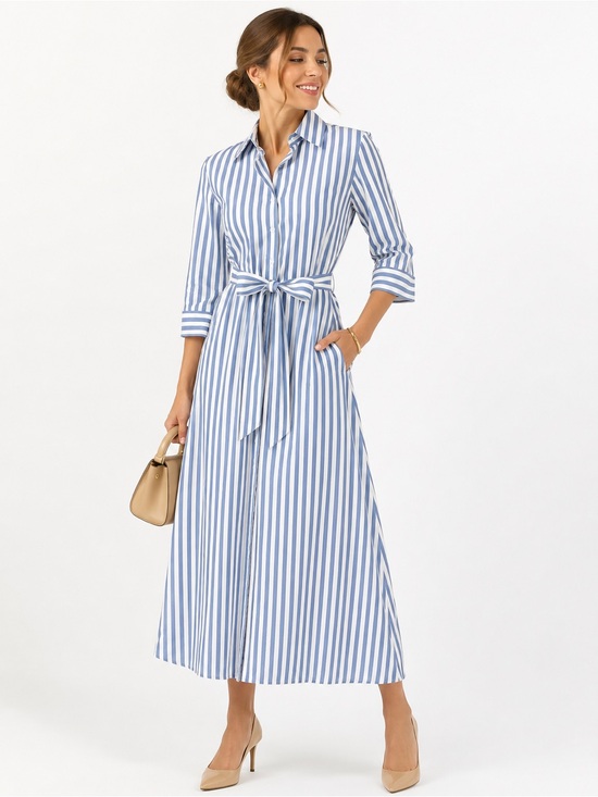 Dresses & Skirts - Striped Blue and White Tie-Waist Shirt Dress